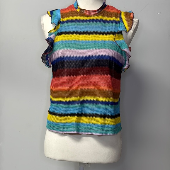 Karlie Multicolored Knit Top Striped Sleeveless Ruffled Crop Top Small Crochet - Picture 1 of 11